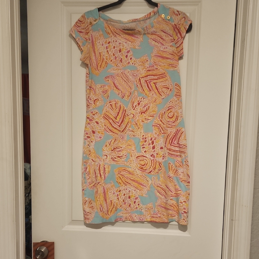Lilly Pulitzer Womans Pink/ Orange Pima Sheath Cotton Mini Dress Oh Shello Print